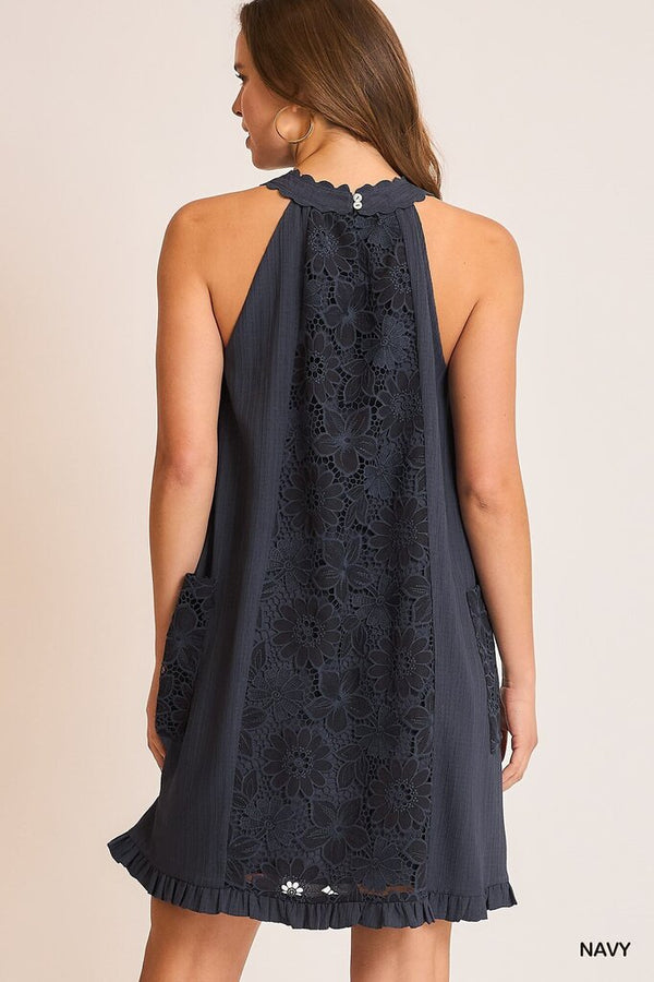 Halter Neck Lace Detail A Line Dress