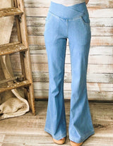 High Waist Crossover Super Flare Knit Jeans