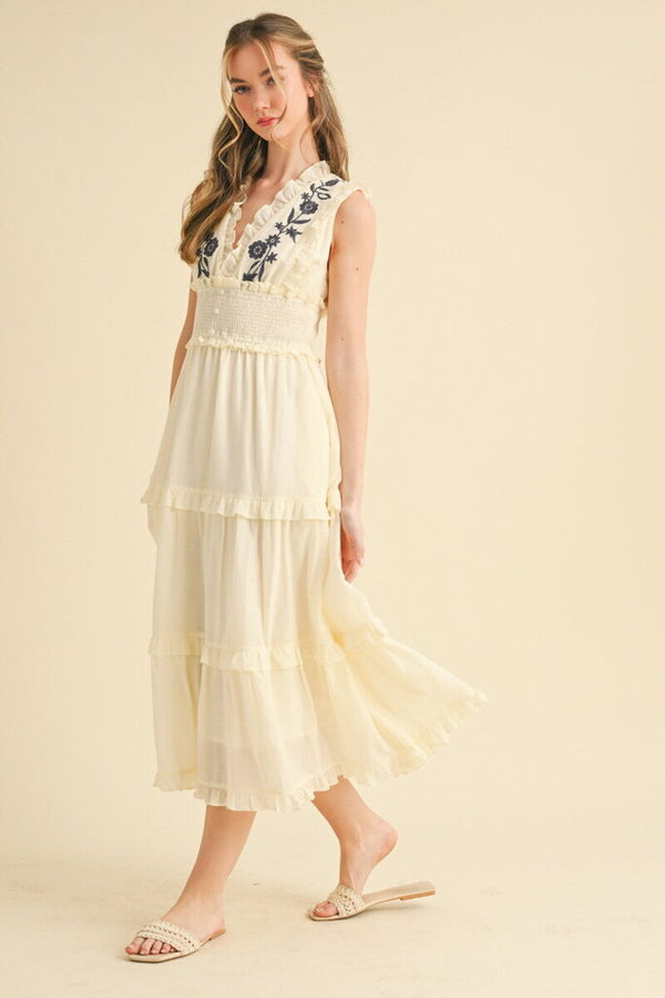 Embroidered Smocked Waist Tiered Maxi Dress