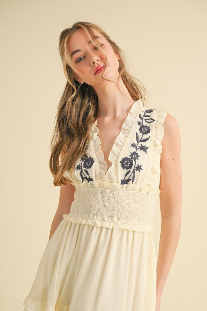 Embroidered Smocked Waist Tiered Maxi Dress