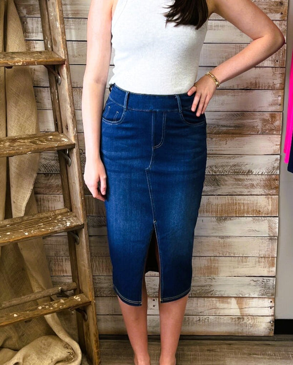 High Waisted Multiple Pockets Bodycon Split Washed Stretchy Knit Denim Casual Midi Skirt
