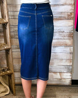 High Waisted Multiple Pockets Bodycon Split Washed Stretchy Knit Denim Casual Midi Skirt