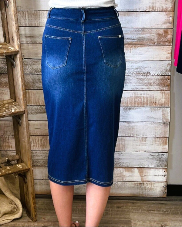 High Waisted Multiple Pockets Bodycon Split Washed Stretchy Knit Denim Casual Midi Skirt
