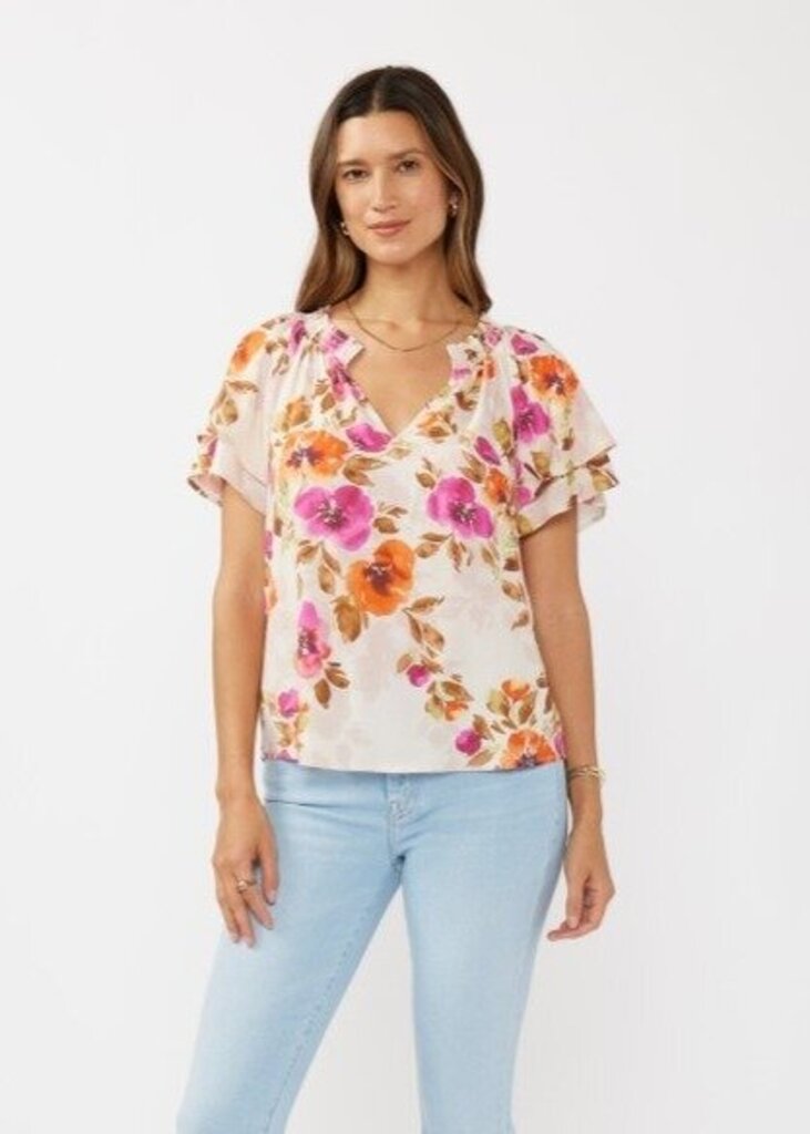Floral Smocked Neck Flutter Sleeve Top