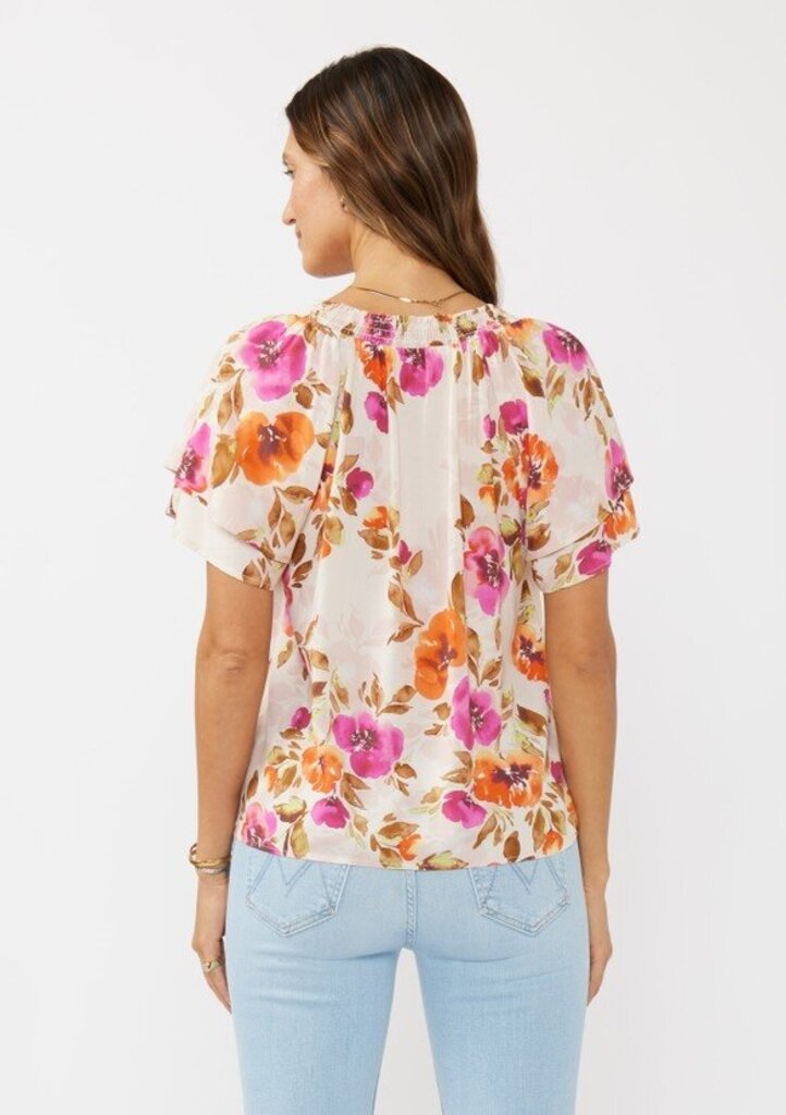 Floral Smocked Neck Flutter Sleeve Top