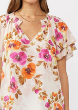 Floral Smocked Neck Flutter Sleeve Top