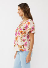 Floral Smocked Neck Flutter Sleeve Top