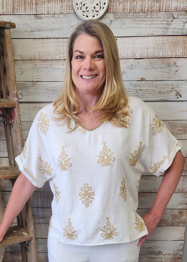 Boho Embroidered Cuff Sleeeve Top