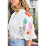 Flower Embroidered Puff Sleeve Textured Top