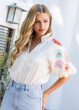Flower Embroidered Puff Sleeve Textured Top