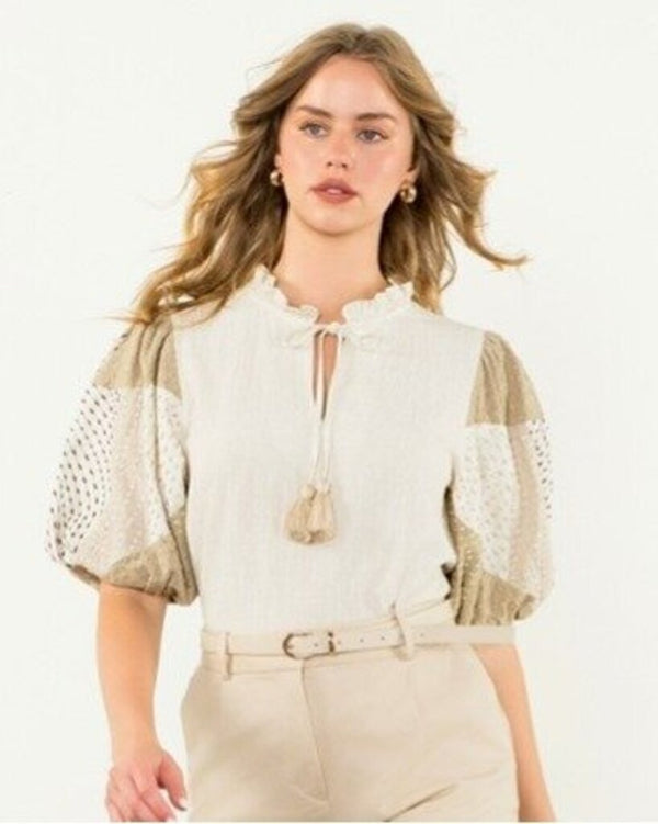 Hand Embroidered Patchwork Puff Sleeve Top
