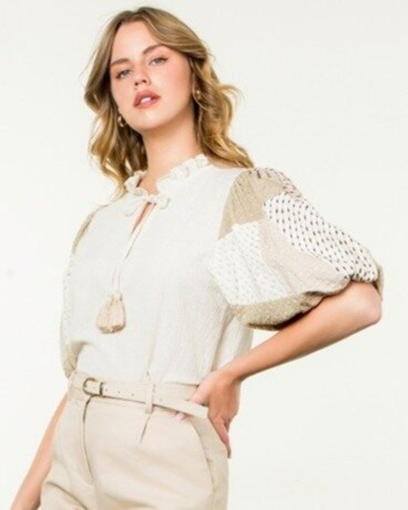 Hand Embroidered Patchwork Puff Sleeve Top