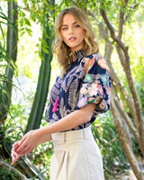 Embroidered Floral Print Puff Sleeve Top