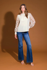 Lace Contrast Sleeve Blouse