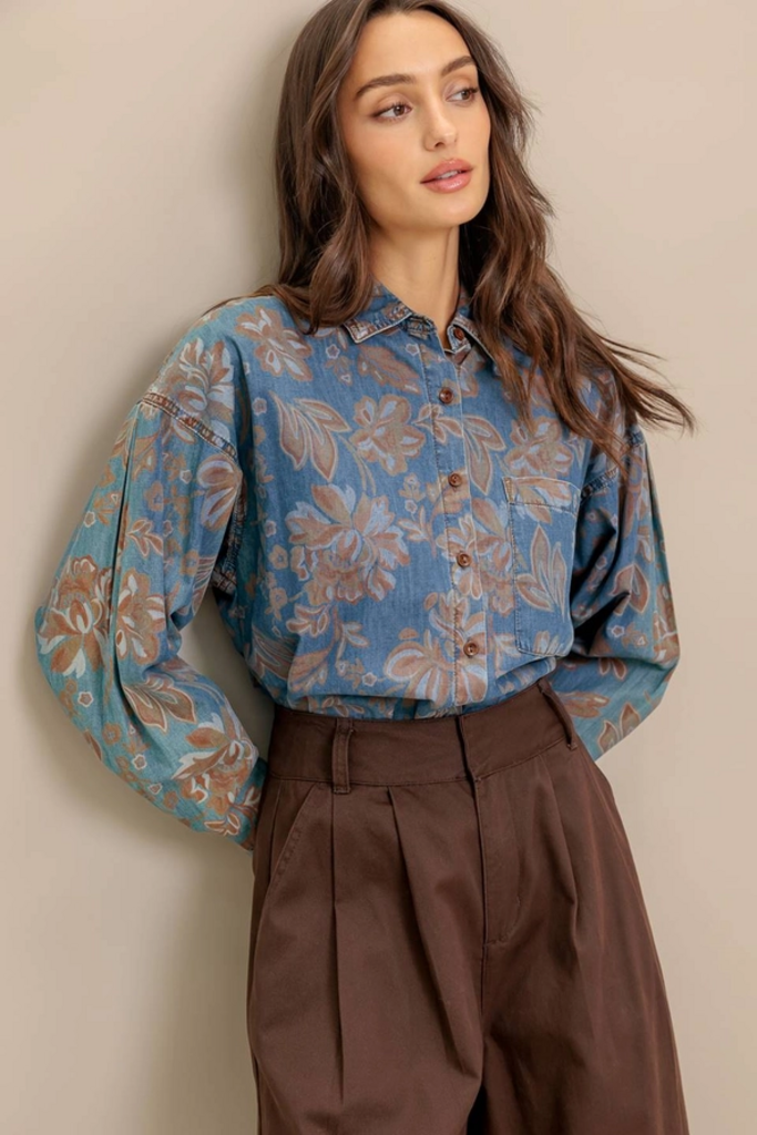 Washed Floral Print Lightweight Denim Top