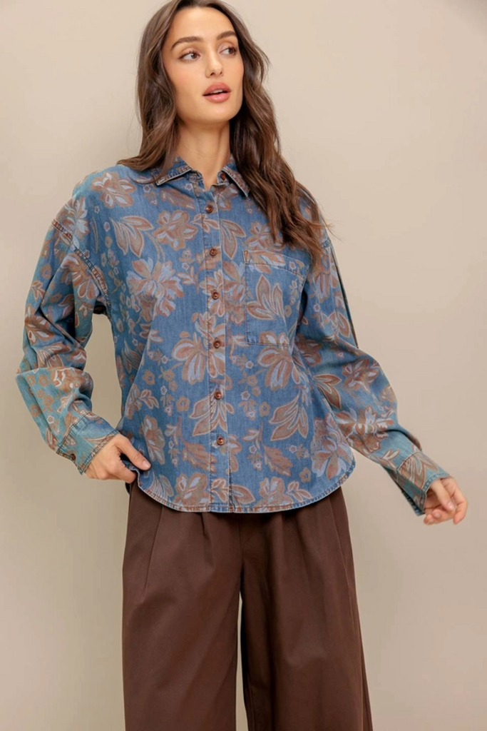 Washed Floral Print Lightweight Denim Top