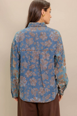 Washed Floral Print Lightweight Denim Top