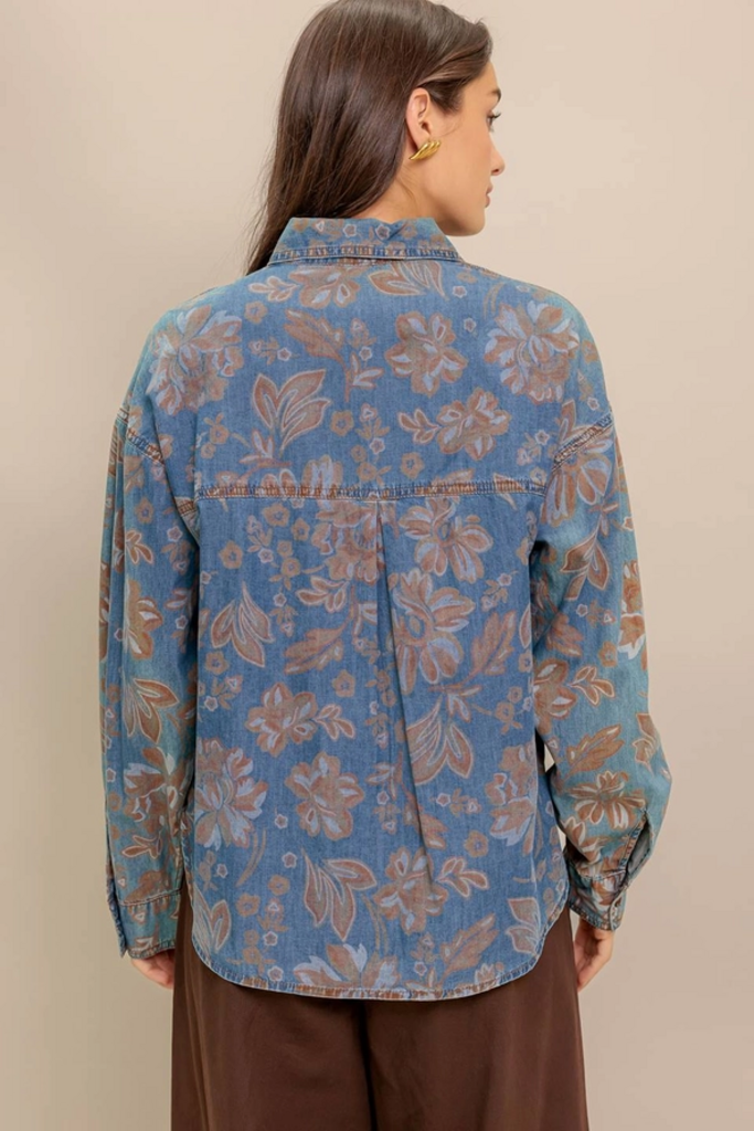 Washed Floral Print Lightweight Denim Top
