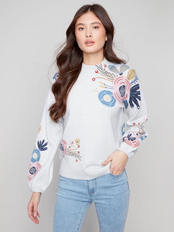 Floral Print Mock Neck Sweater