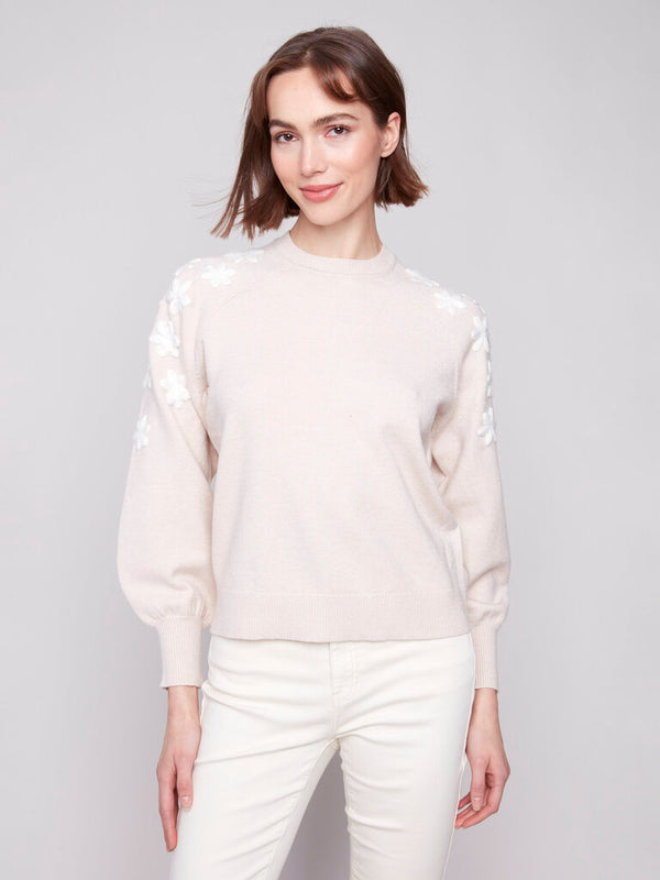 Embroidered Flowers Crew Neck Sweater