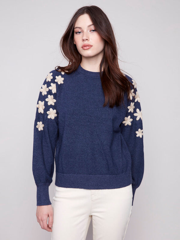 Embroidered Flowers Crew Neck Sweater