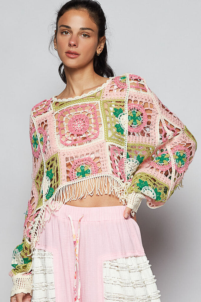 Tassel Cropped Crochet Sweater