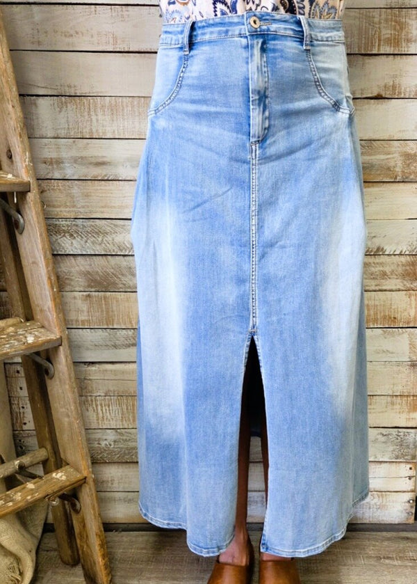 Pleated Denim Maxi Skirt