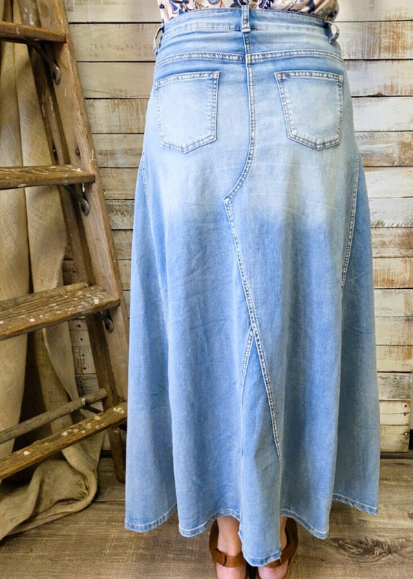 Pleated Denim Maxi Skirt