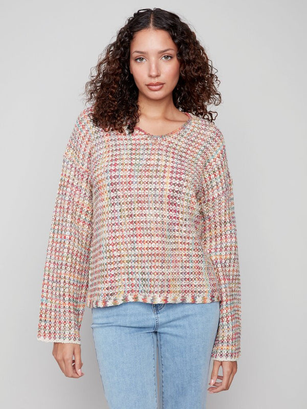 Multi Color V Neck Crochet Sweater
