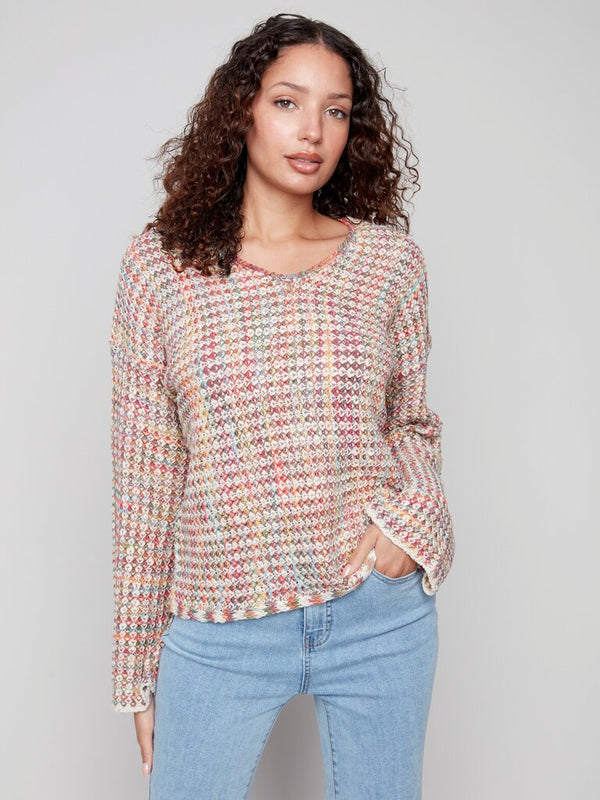 Multi Color V Neck Crochet Sweater