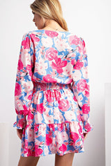 Long Sleeve Floral Print V Neck Smock Waist Dress