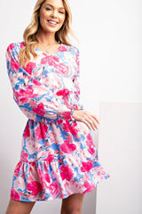 Long Sleeve Floral Print V Neck Smock Waist Dress
