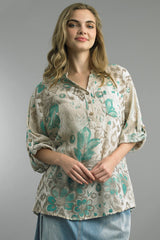 Linen Heart and Floral Print Top