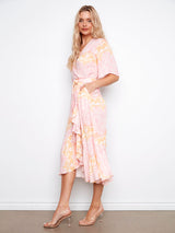 Print Flutter Sleeve Belted Faux Wrap Dress