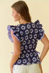 Flutter Sleeve Floral Drawstring Waist Top