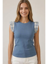 Plaid Puff Cap Sleeve Ribbed Tee