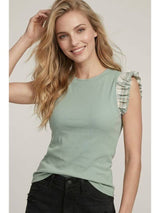 Plaid Puff Cap Sleeve Ribbed Tee