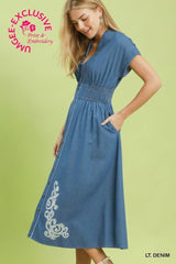 Embroidered Denim Midi Dress
