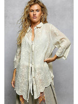 Short Sleeve Floral Embroidered Button Down
