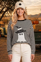 Ghost Applique Striped Lightweight Sweatshirt