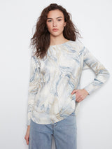 Feather Print Round Hem Pocket Sweater