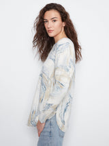 Feather Print Round Hem Pocket Sweater