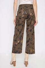 Wide Leg Leaf Print Cropped Pants