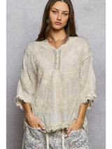 V Neck Short Sleeve Embroidered Blouse