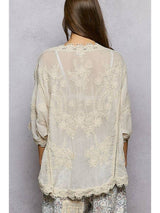 V Neck Short Sleeve Embroidered Blouse