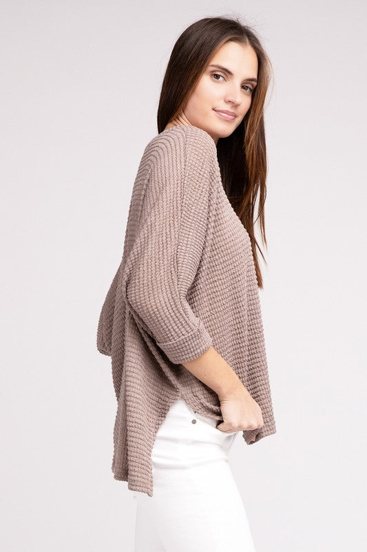 3/4 Sleeve V-Neck Hi-Low Hem Jacquard Sweater