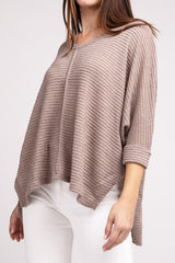 3/4 Sleeve V-Neck Hi-Low Hem Jacquard Sweater
