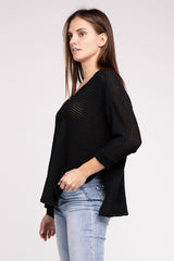 3/4 Sleeve V-Neck Hi-Low Hem Jacquard Sweater